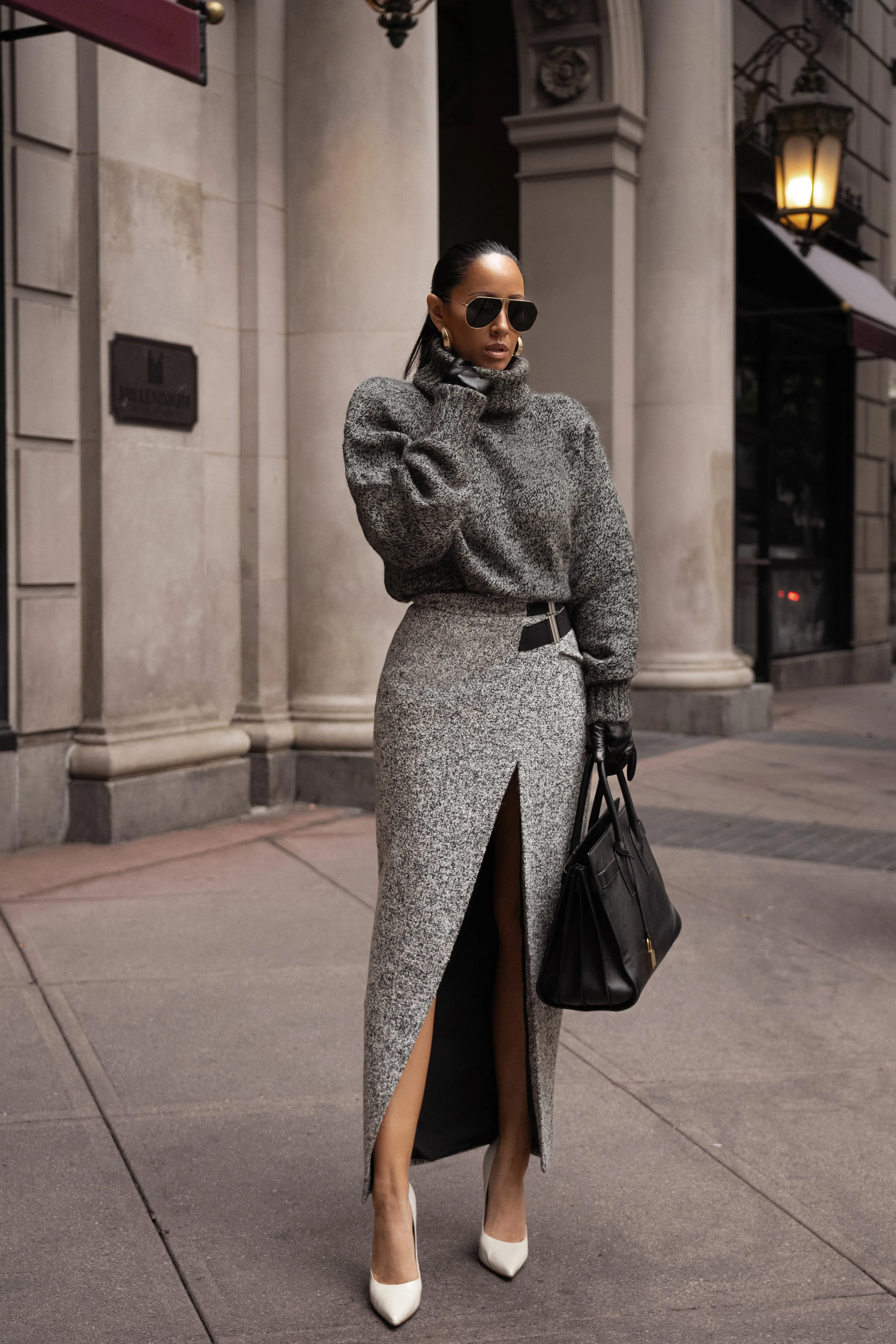 Lt. Grey Gisele Tweed Slit Skirt