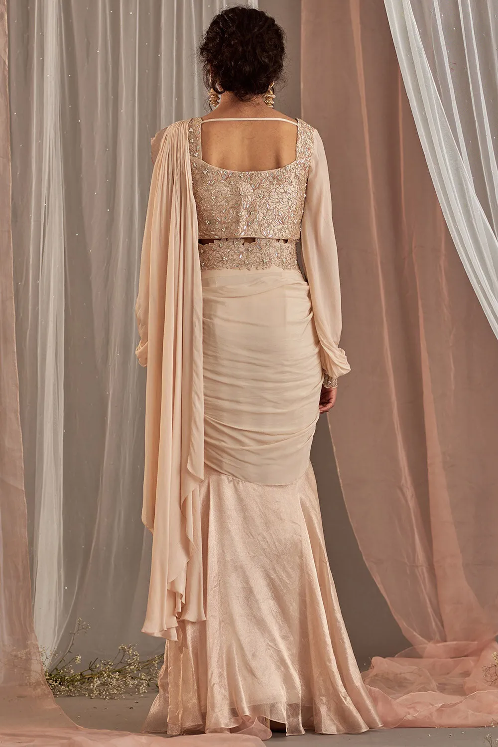 Machine Embroidered Rose Champagne Ruffled Draped Saree Set