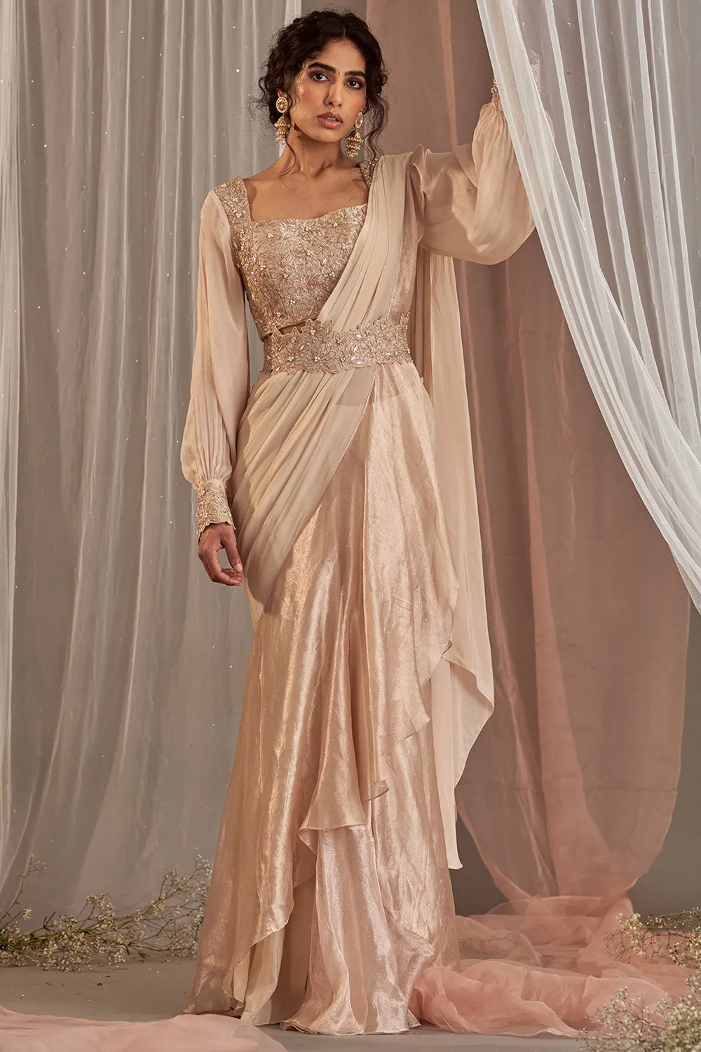 Machine Embroidered Rose Champagne Ruffled Draped Saree Set