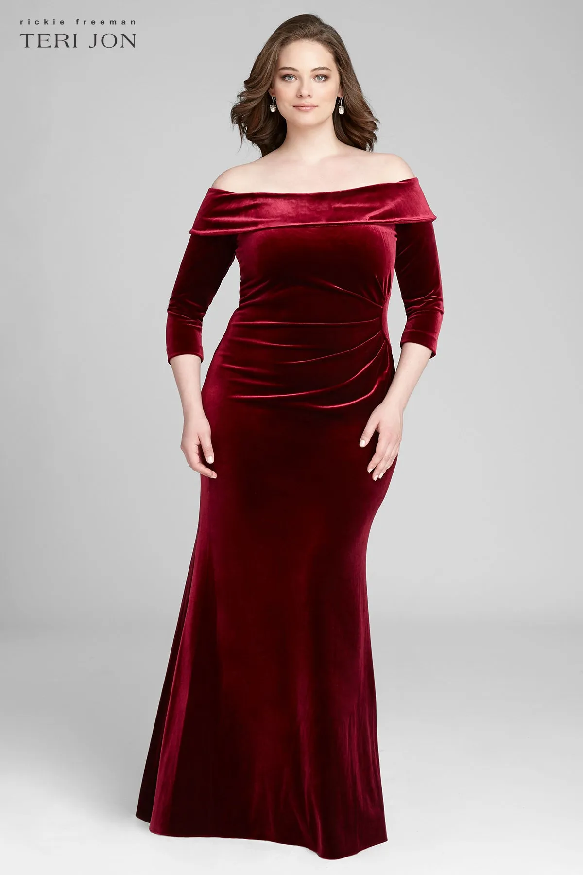 Off The Shoulder Stretch Velvet Portrait Collar Column Gown