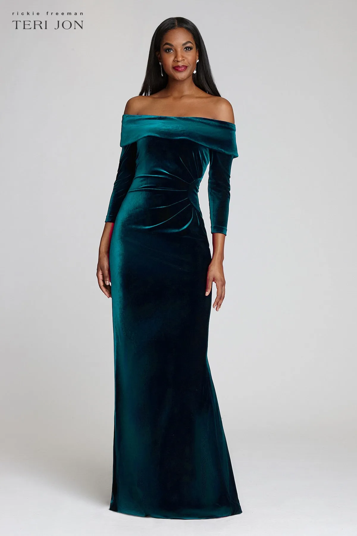 Off The Shoulder Stretch Velvet Portrait Collar Column Gown