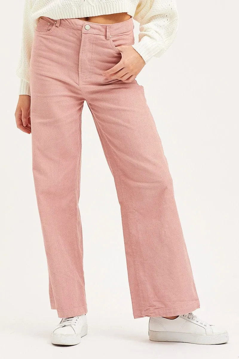 Pink Wide Leg Pants High Rise Corduroy