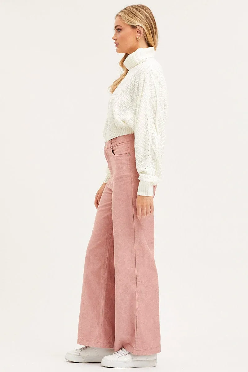 Pink Wide Leg Pants High Rise Corduroy