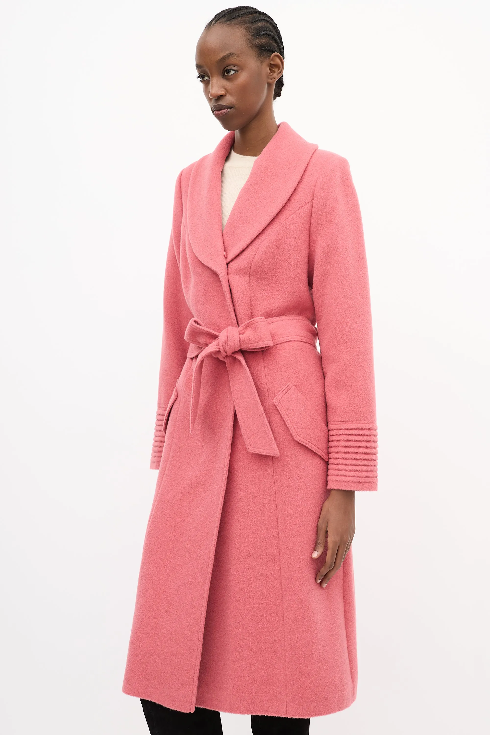 Pink Wool Belted Long Coat