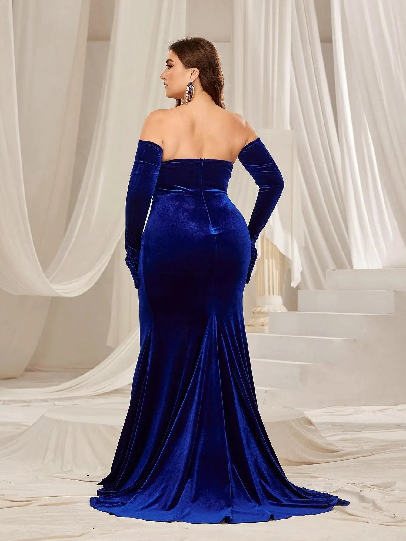 Plus Ruched Wrap Hem Velvet Tube Prom Dress£¨Gloves Included£©