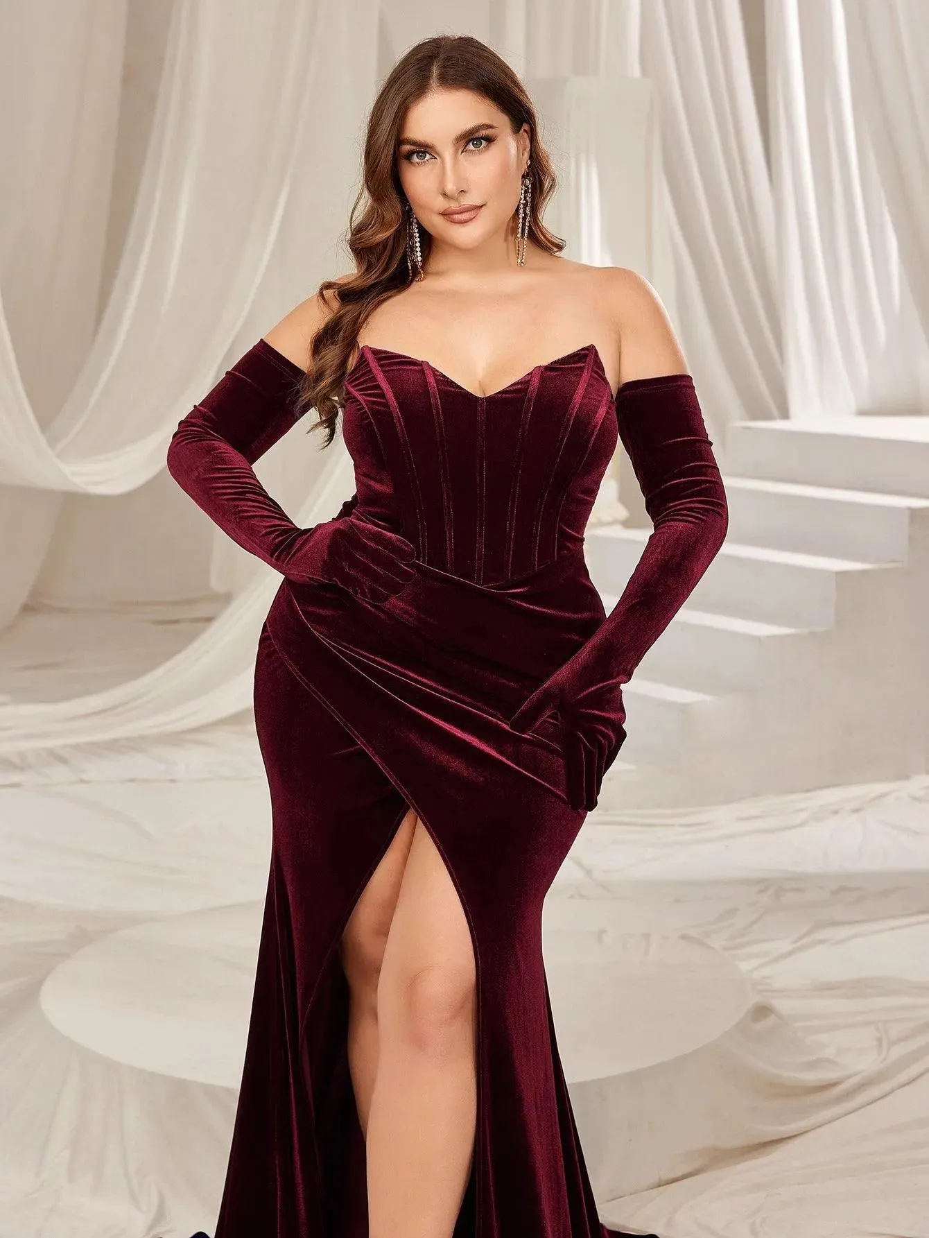 Plus Ruched Wrap Hem Velvet Tube Prom Dress£¨Gloves Included£©