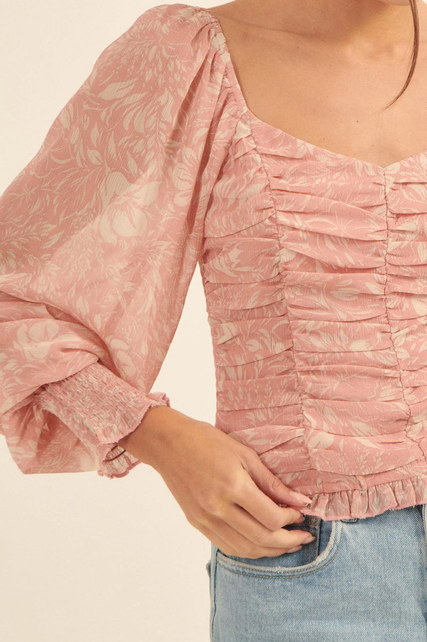 Pure Paradise Ruched Floral Chiffon Peasant Top