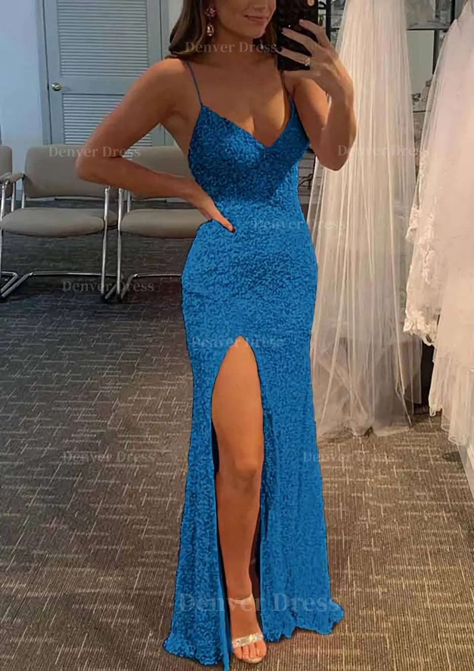 Sheath/Column V Neck Spaghetti Straps Long/Floor-Length Velvet Sequins Prom Dress With Split