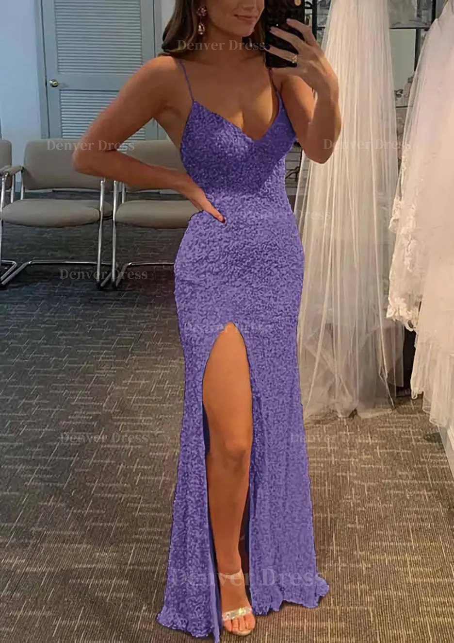 Sheath/Column V Neck Spaghetti Straps Long/Floor-Length Velvet Sequins Prom Dress With Split