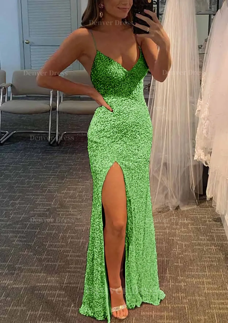 Sheath/Column V Neck Spaghetti Straps Long/Floor-Length Velvet Sequins Prom Dress With Split