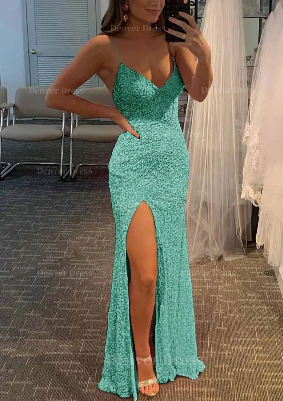 Sheath/Column V Neck Spaghetti Straps Long/Floor-Length Velvet Sequins Prom Dress With Split