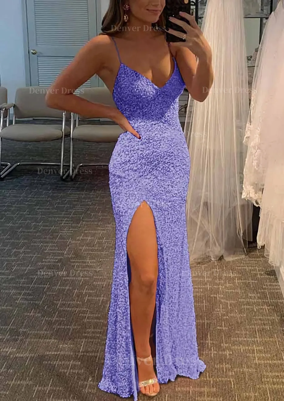 Sheath/Column V Neck Spaghetti Straps Long/Floor-Length Velvet Sequins Prom Dress With Split