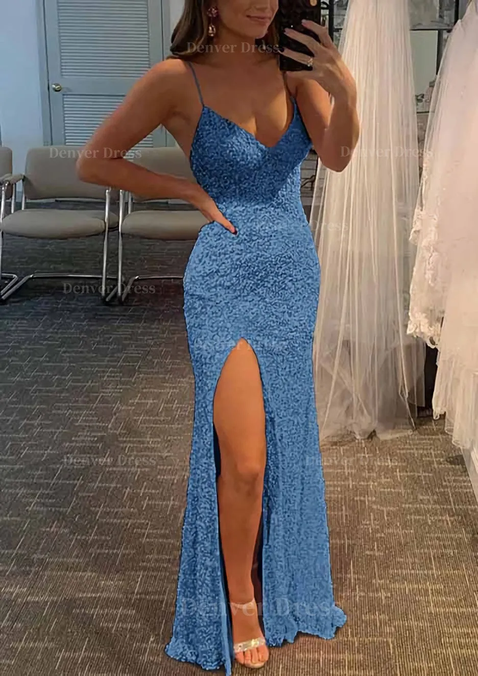 Sheath/Column V Neck Spaghetti Straps Long/Floor-Length Velvet Sequins Prom Dress With Split