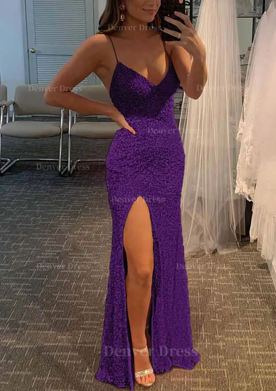 Sheath/Column V Neck Spaghetti Straps Long/Floor-Length Velvet Sequins Prom Dress With Split