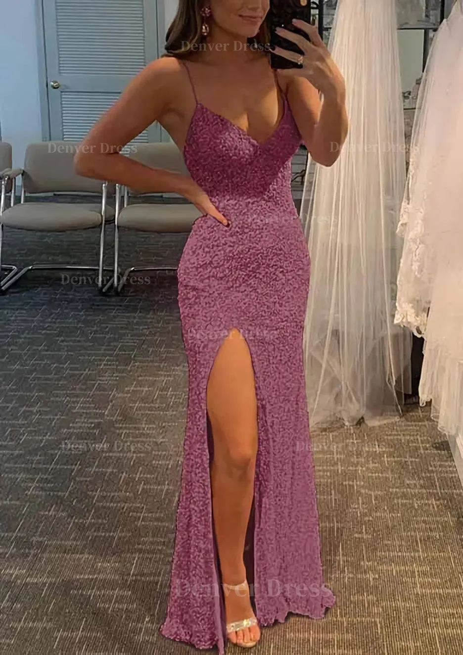 Sheath/Column V Neck Spaghetti Straps Long/Floor-Length Velvet Sequins Prom Dress With Split