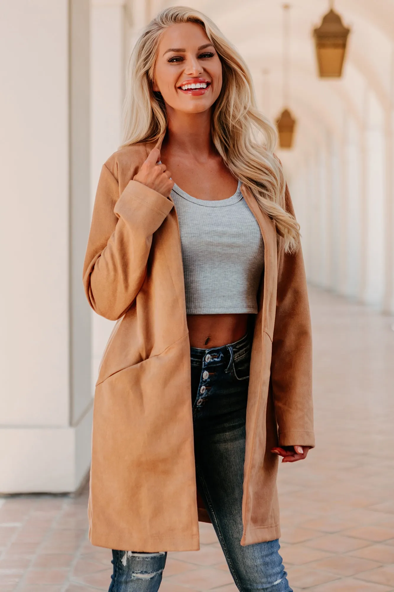 Shocking Discovery Faux Suede Open-Front Coat (Camel)