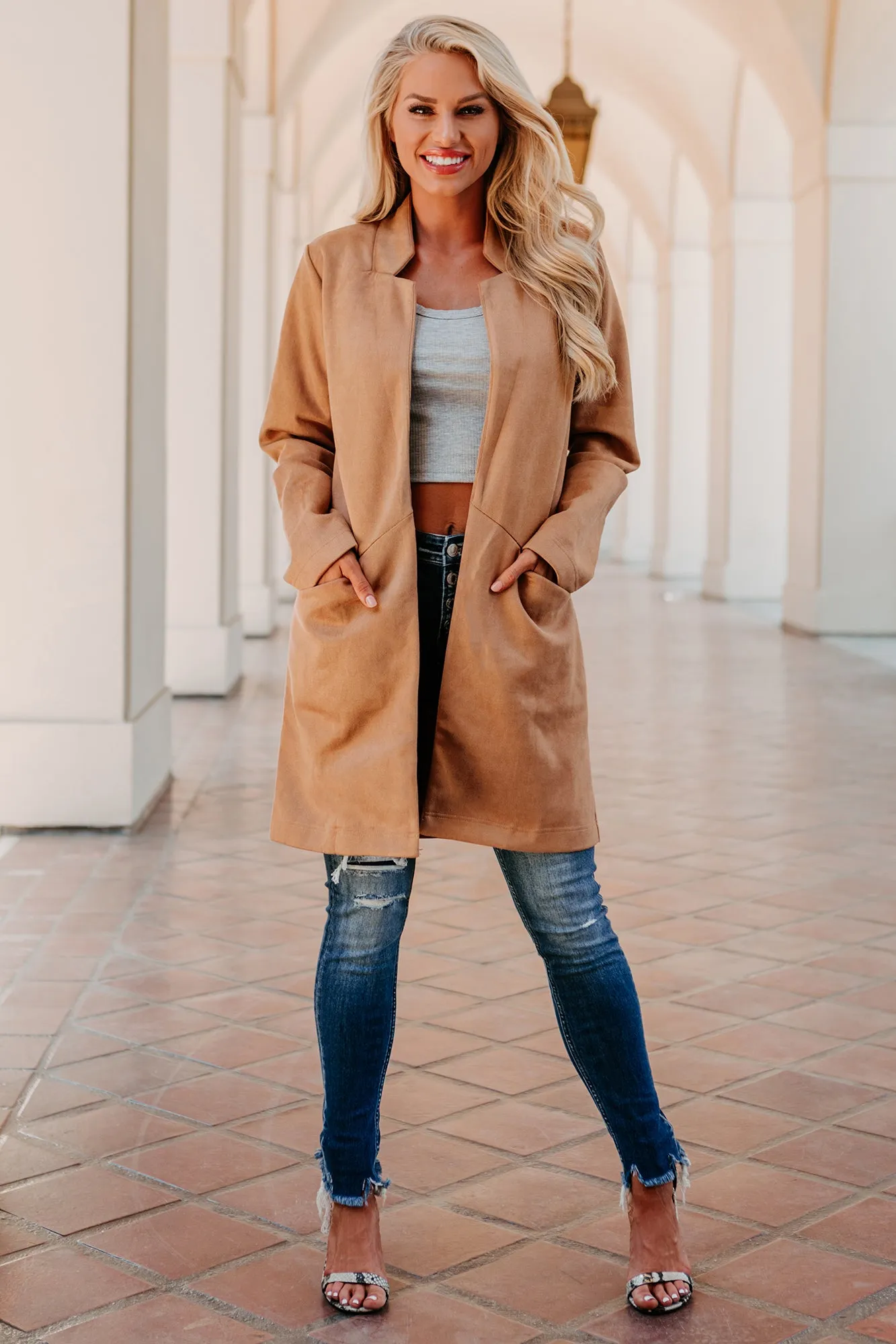 Shocking Discovery Faux Suede Open-Front Coat (Camel)