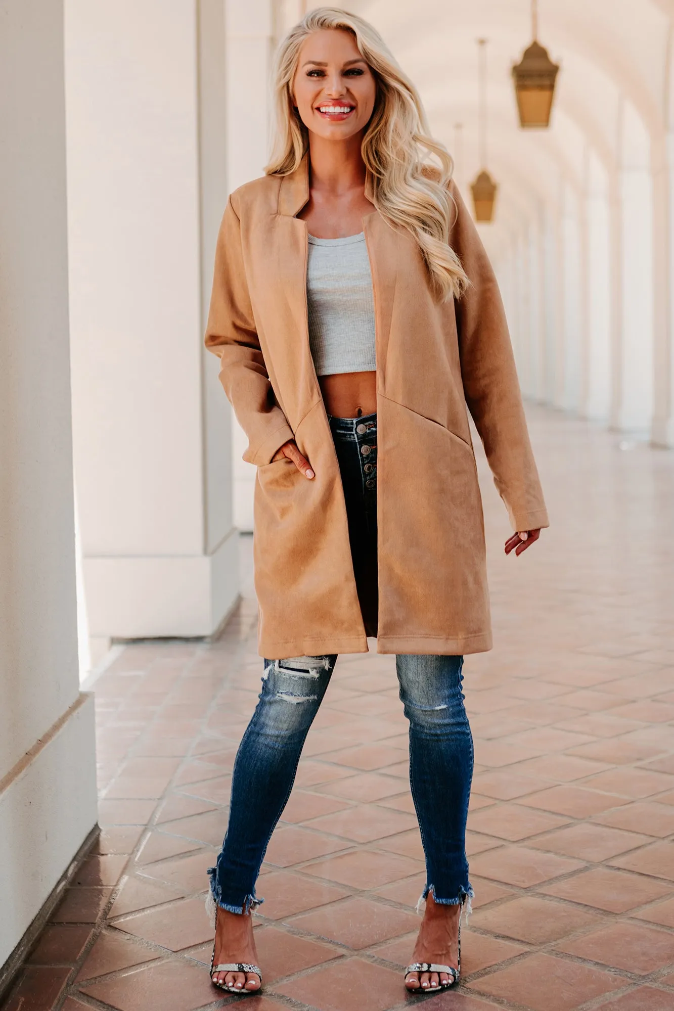 Shocking Discovery Faux Suede Open-Front Coat (Camel)