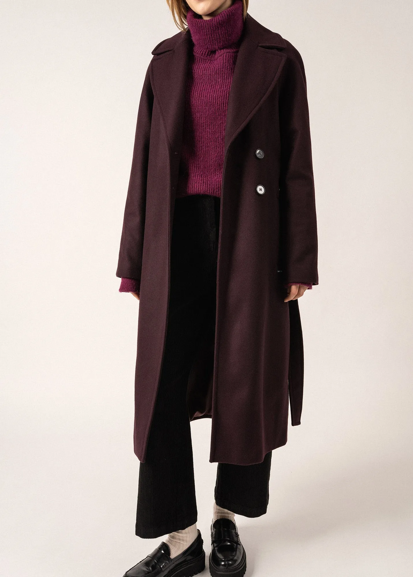 ST ENORA - Tailored Wool Blend Belted Coat for Women (DARK PLUM )