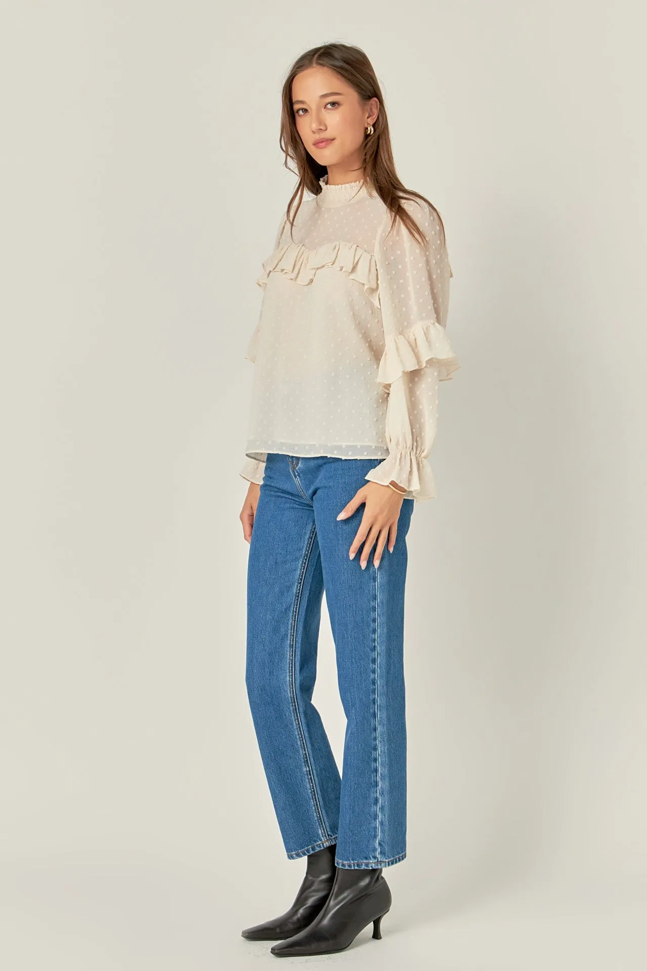 Swiss Dot Chiffon Ruffle Blouse