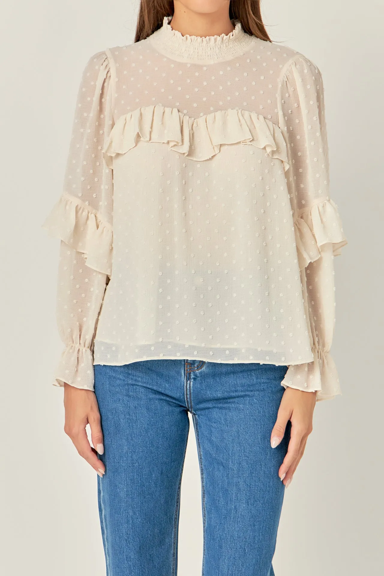 Swiss Dot Chiffon Ruffle Blouse