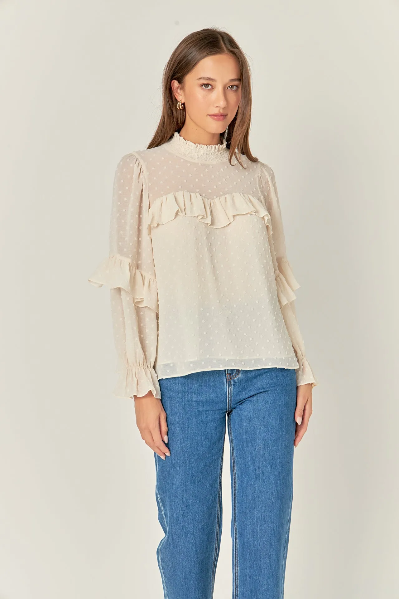 Swiss Dot Chiffon Ruffle Blouse