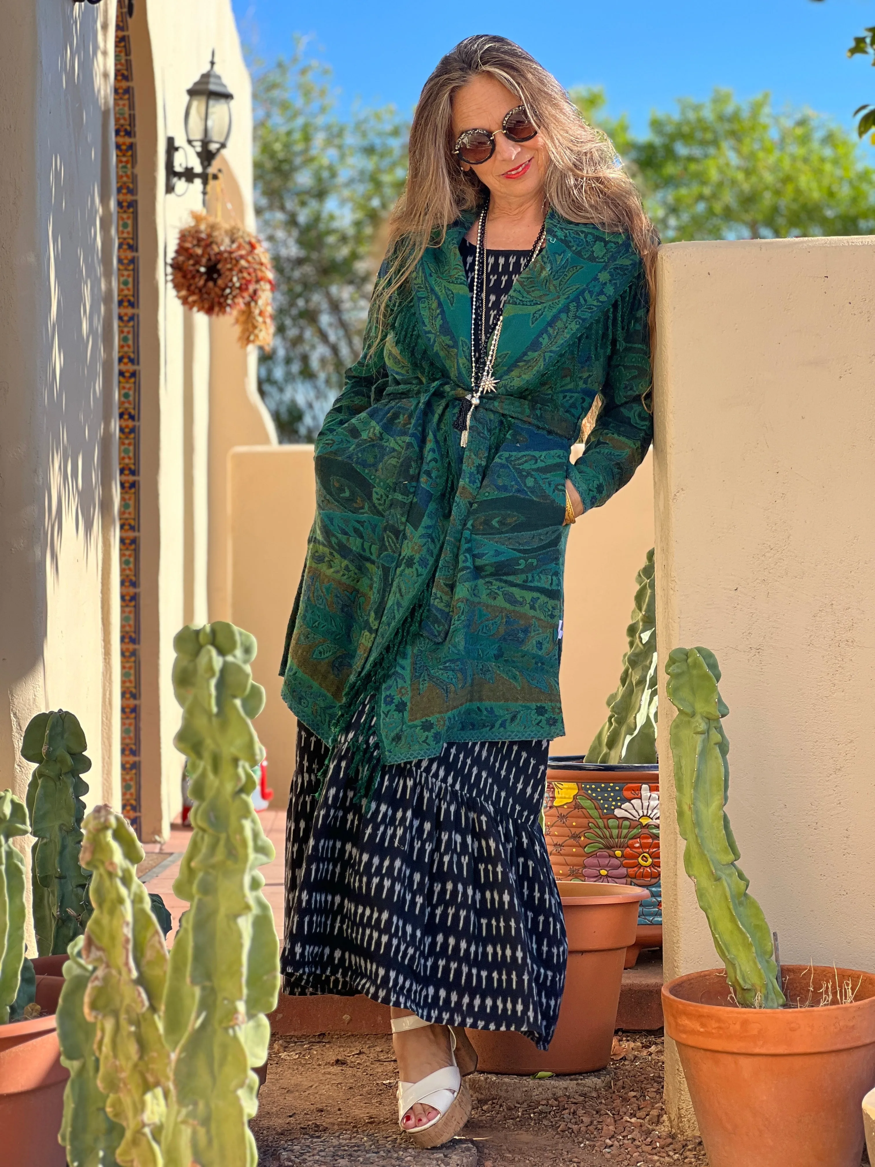 Verde Verdi Paisley Boiled Wool Belted Coat