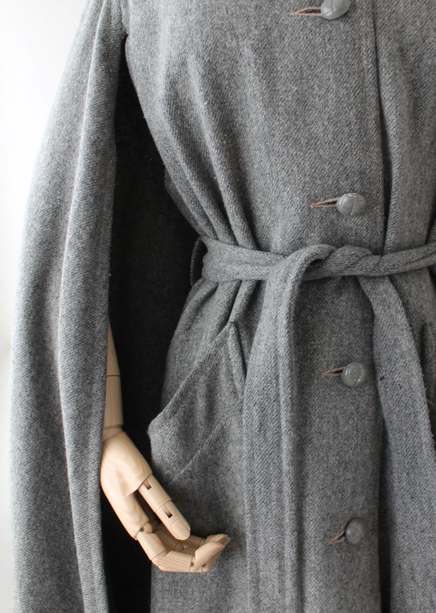 Vintage 1970s Grey Wool Belted Coat Cape