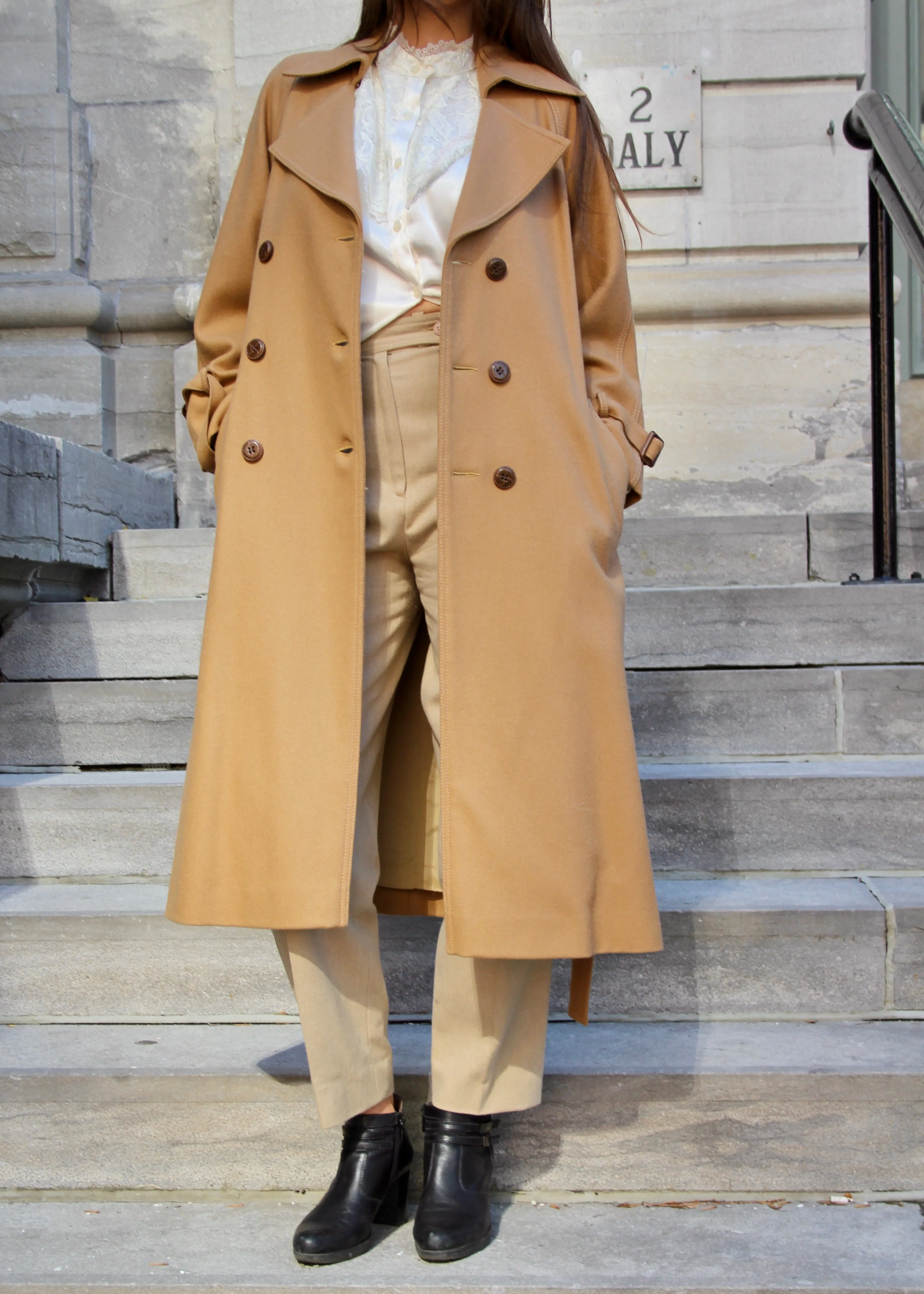 Vintage 70s Belted Camel Wool Trench Coat S/M