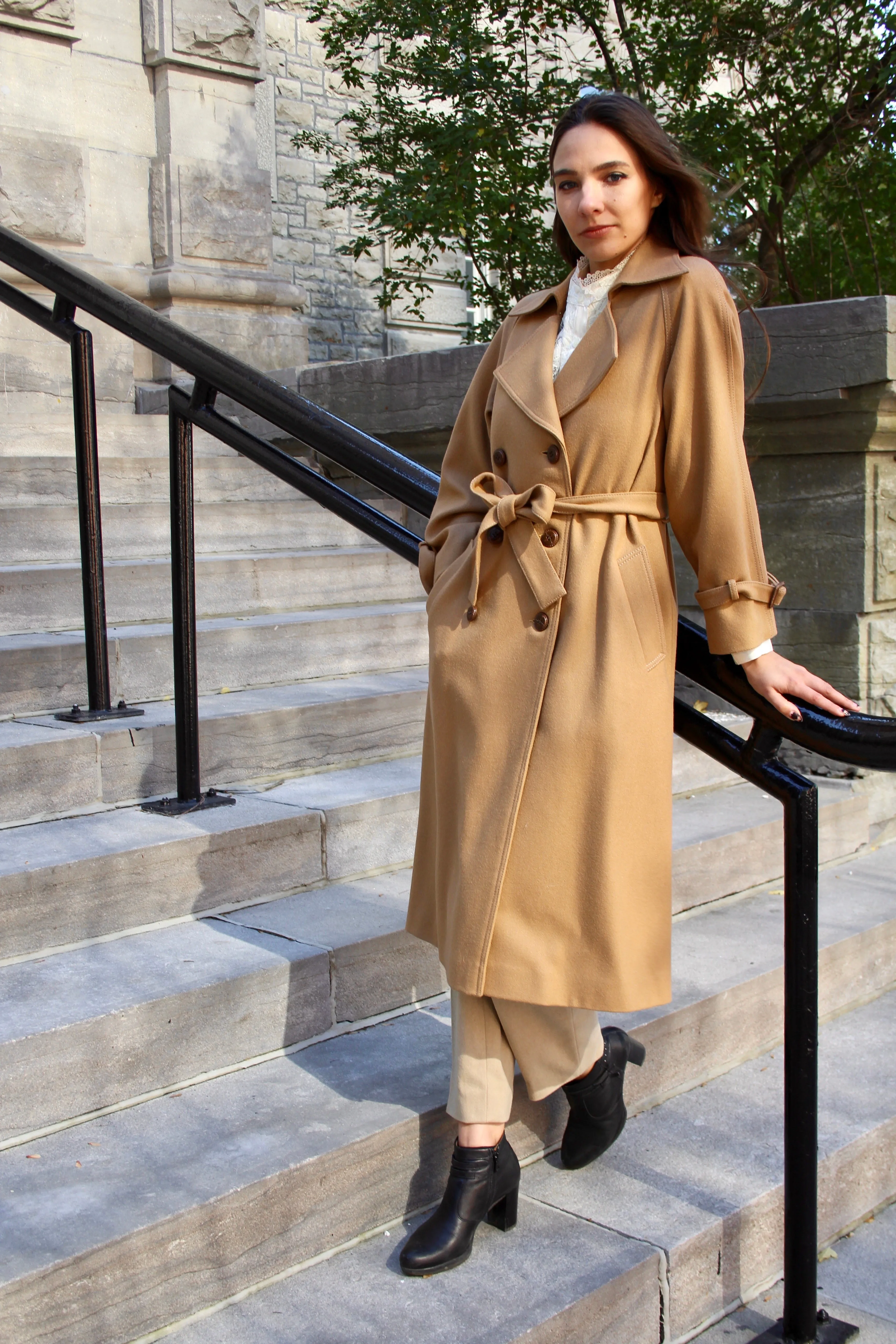 Vintage 70s Belted Camel Wool Trench Coat S/M