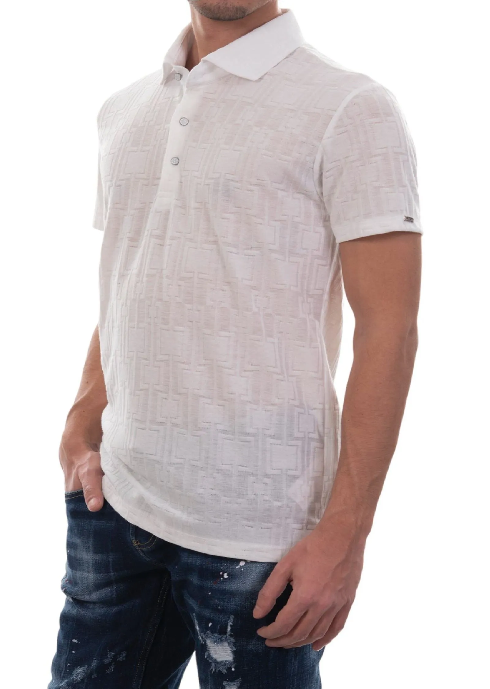 White Emboss Square Knit Polo