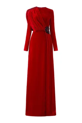 Whitley Sheath Asymmetric Shoulder Velvet Floor Length Dress