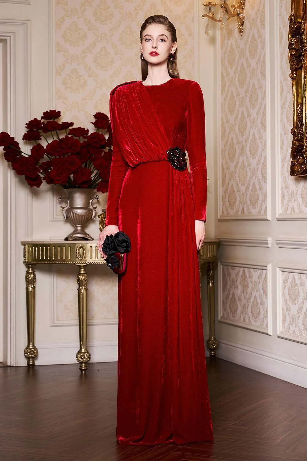 Whitley Sheath Asymmetric Shoulder Velvet Floor Length Dress