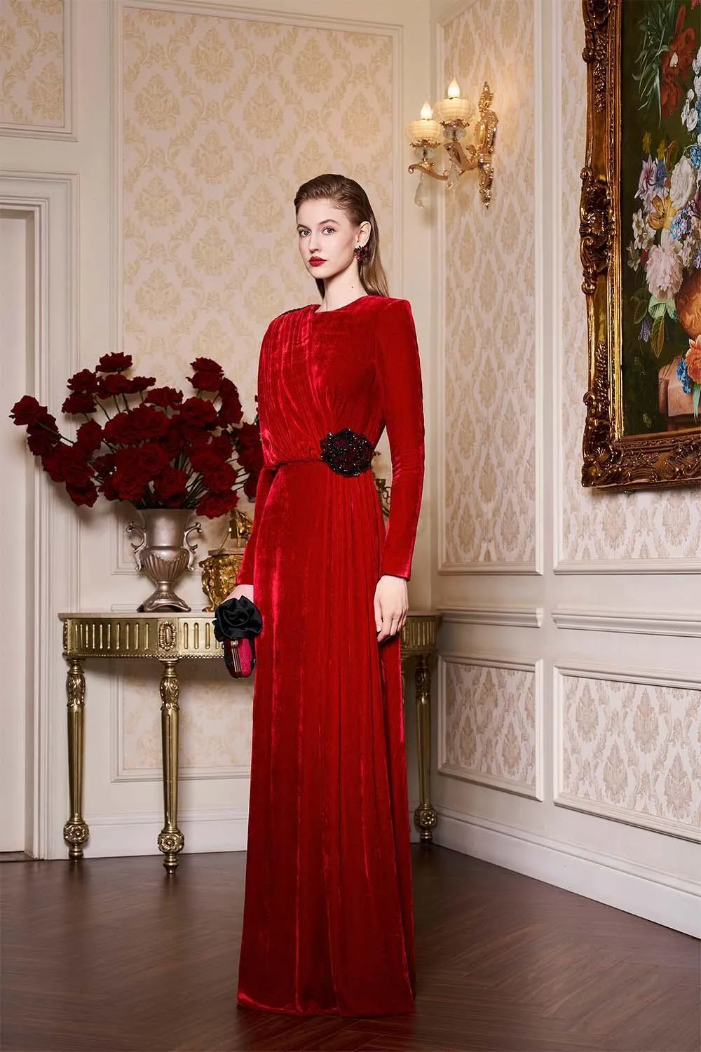 Whitley Sheath Asymmetric Shoulder Velvet Floor Length Dress